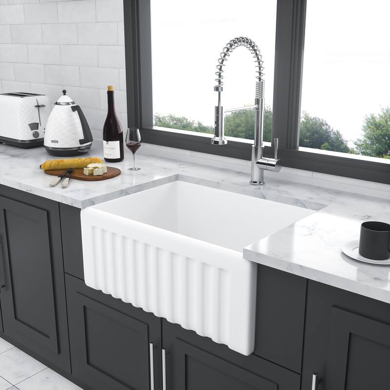 Farmhouse Apron Front White Ceramic Kitchen Sink with Grid, Drain and Basket Strainer – 23-3/4 inch