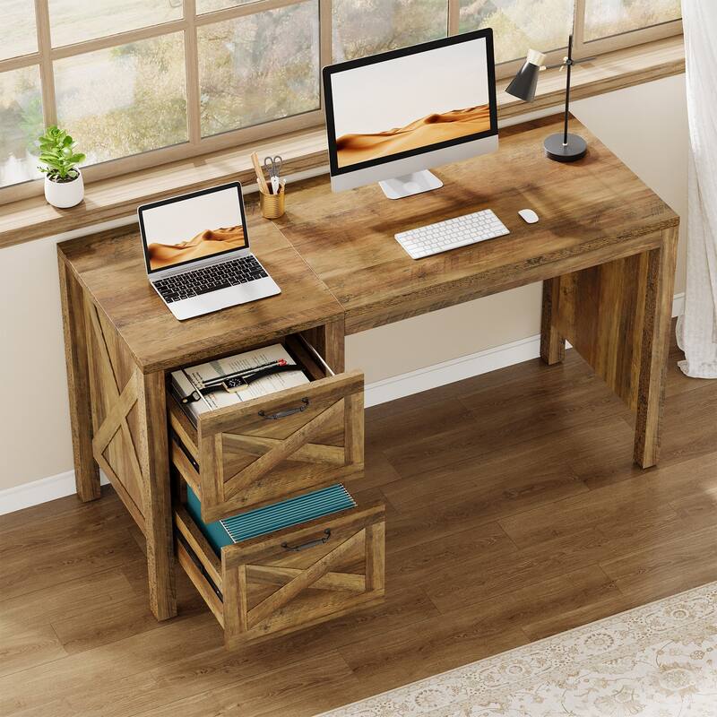 55-Inch Computer Desk with 2 Drawers, Home Office Desk with Heavy Duty Legs, Rustic Brown