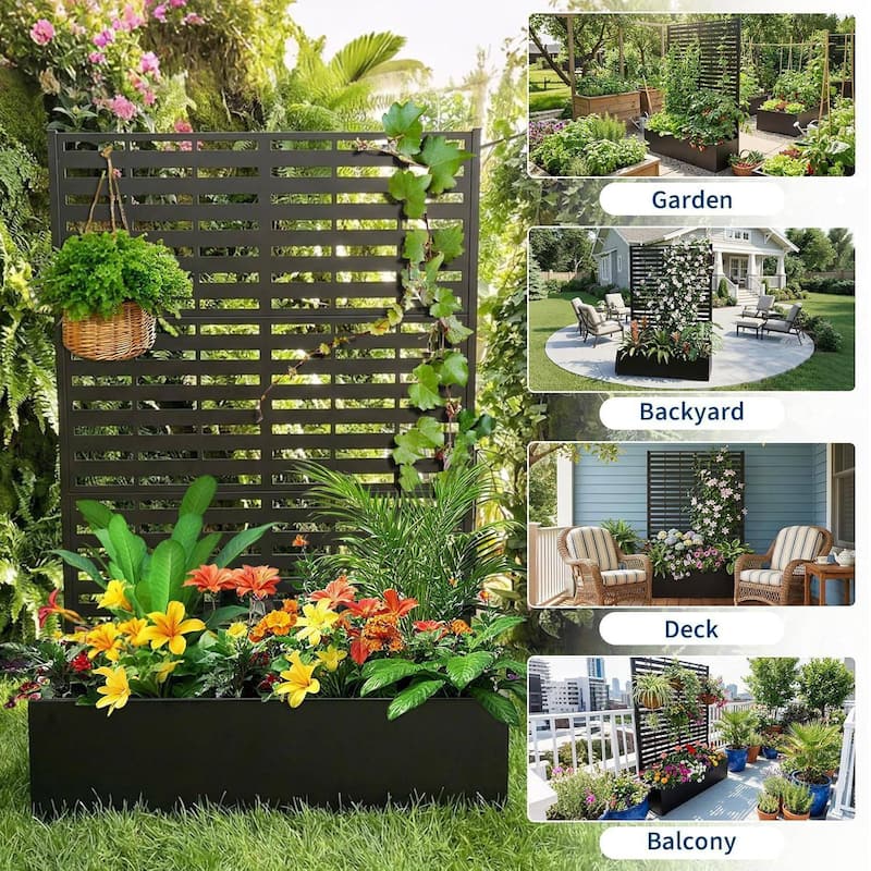 72"*47"*16" Galvanized Raised Garden Bed with Trellis, Planter Box with Privacy Screen