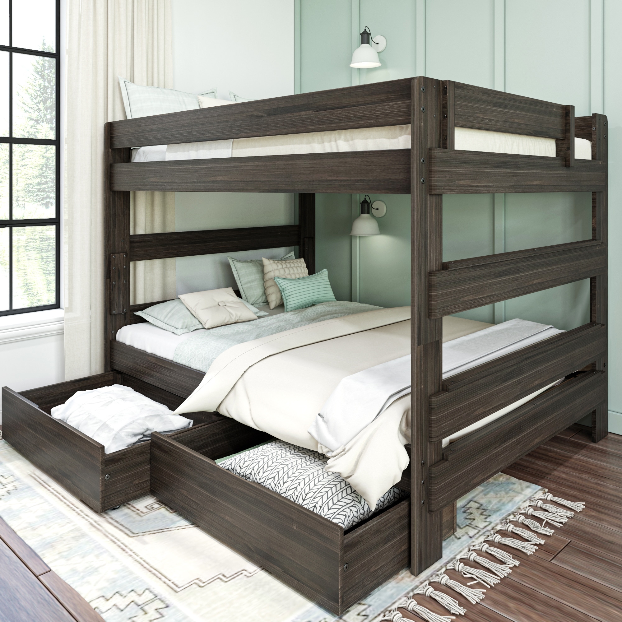 Farmhouse Queen over Queen Bunk Bed with Storage Drawers