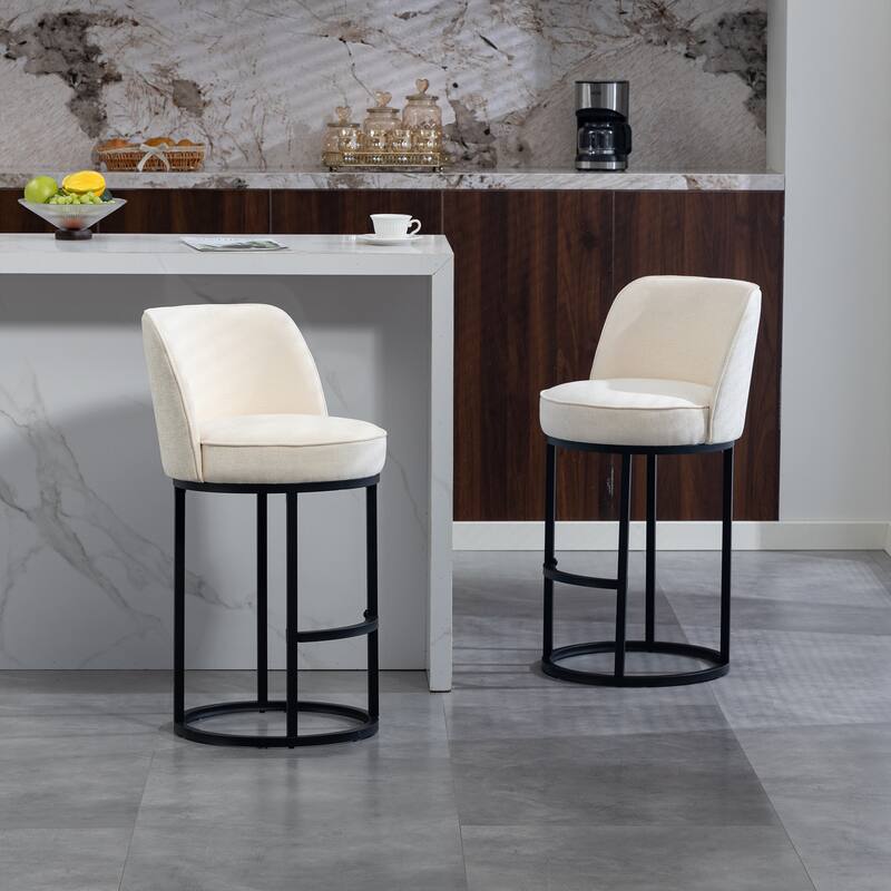 Counter Height Bar Stools Set of 2, Modern Barrel Counter Stools with Backrest, Linen Fabric Upholstered Accent Bar Stools