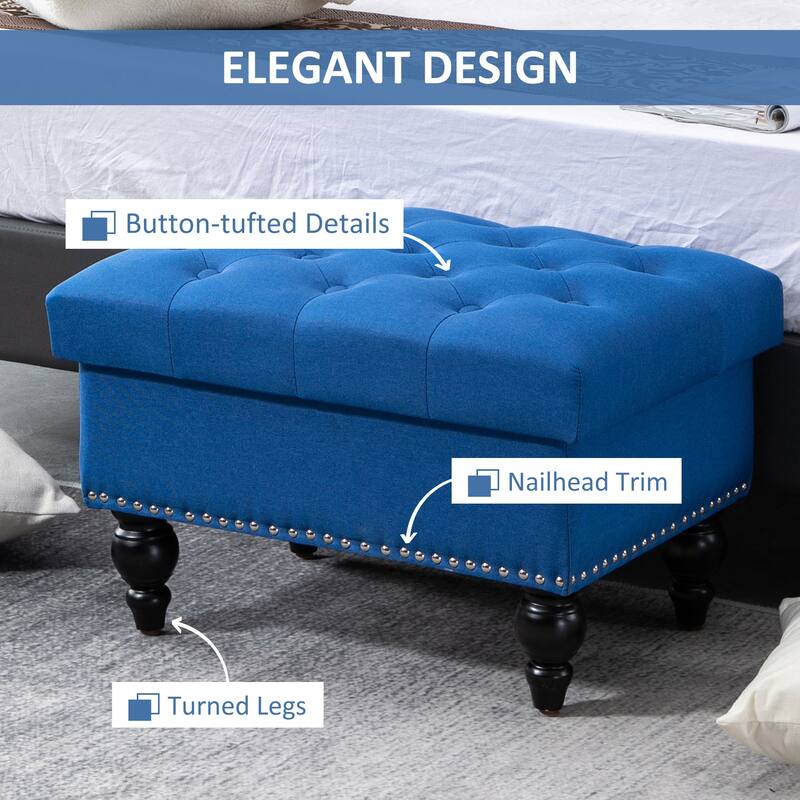 HOMCOM Storage Ottoman with Removable Lid, Button-Tufted Fabric Bench for Footrest and Seat with Wood Legs