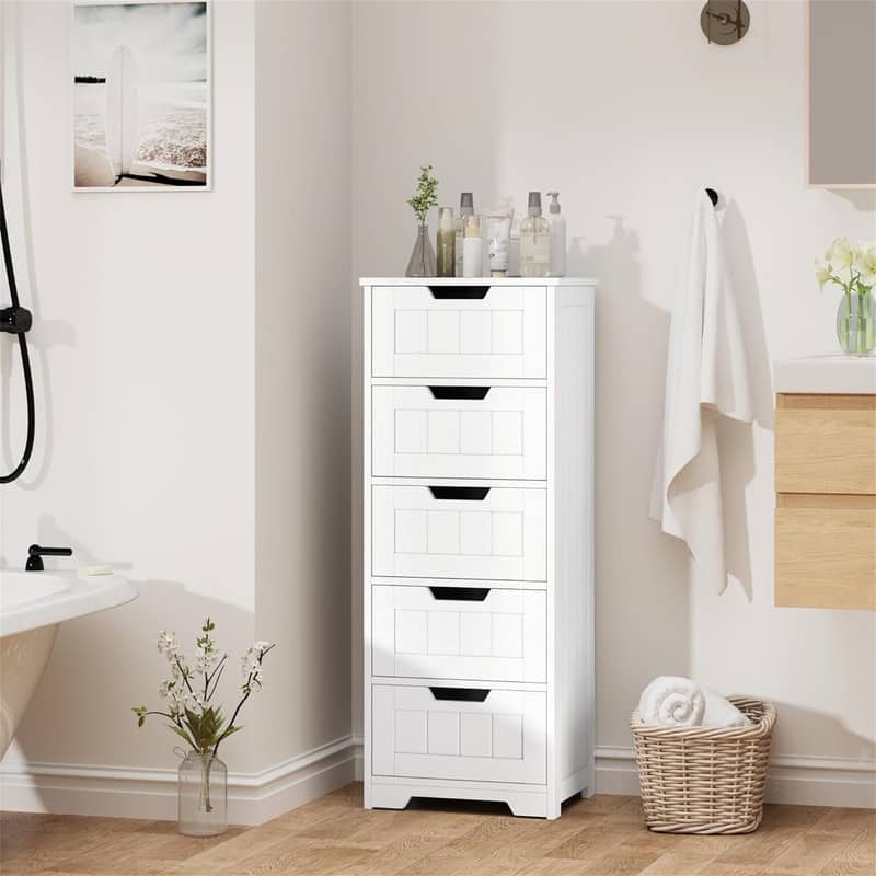 Bathroom Floor Cabinet Free Standing Storage Cabinet with 5 Drawers - 11.8"D x 15.7"W x 40.1"H - 11.8"D x 15.7"W x 40.1"H - Wood Finish - White