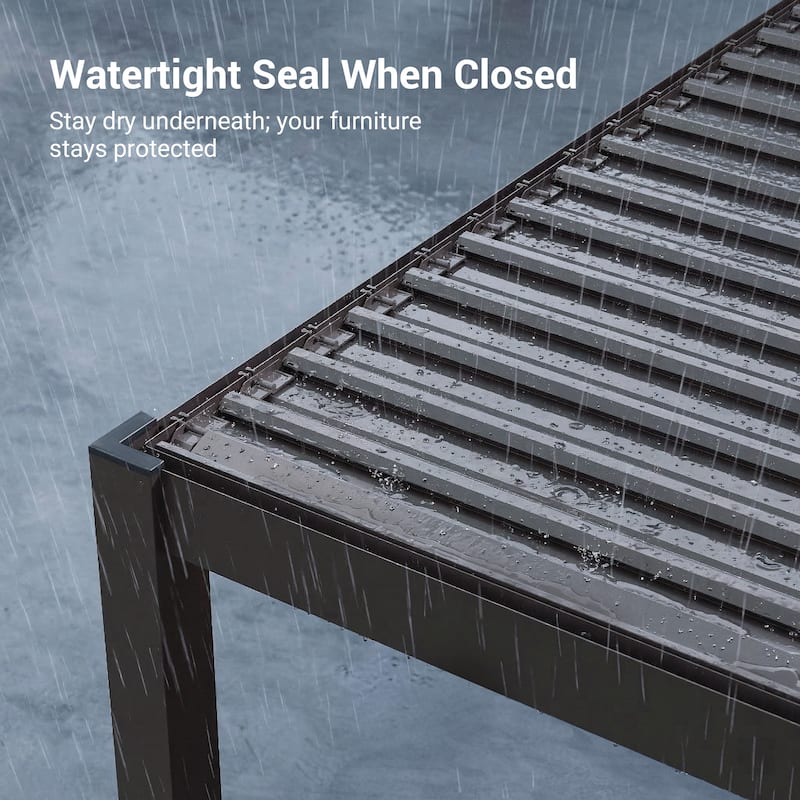 BONOSUKI Outdoor Aluminized Steel LED Louvered Pergola with Adjustable Roof, Brown