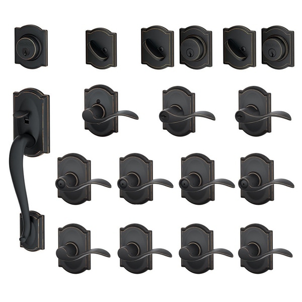 Schlage F600-CAM-ACC-LH Camelot Complete House Door Hardware Package with Accent Interior Levers and Left Handed Exterior Front