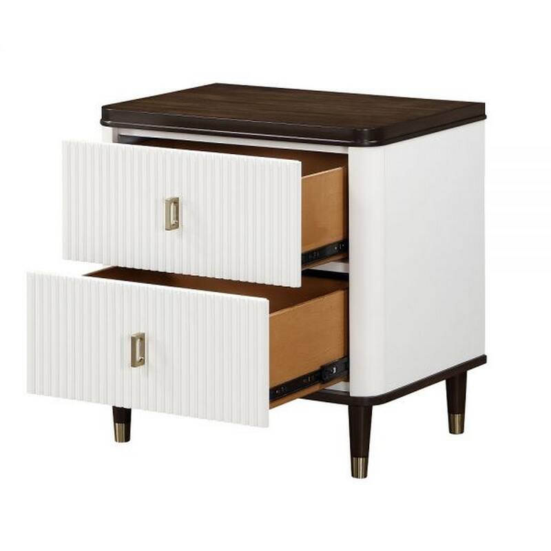 Aren 27 Inch Nightstand, 2 Drawers, USB Charger, Solid Wood, White, Brown