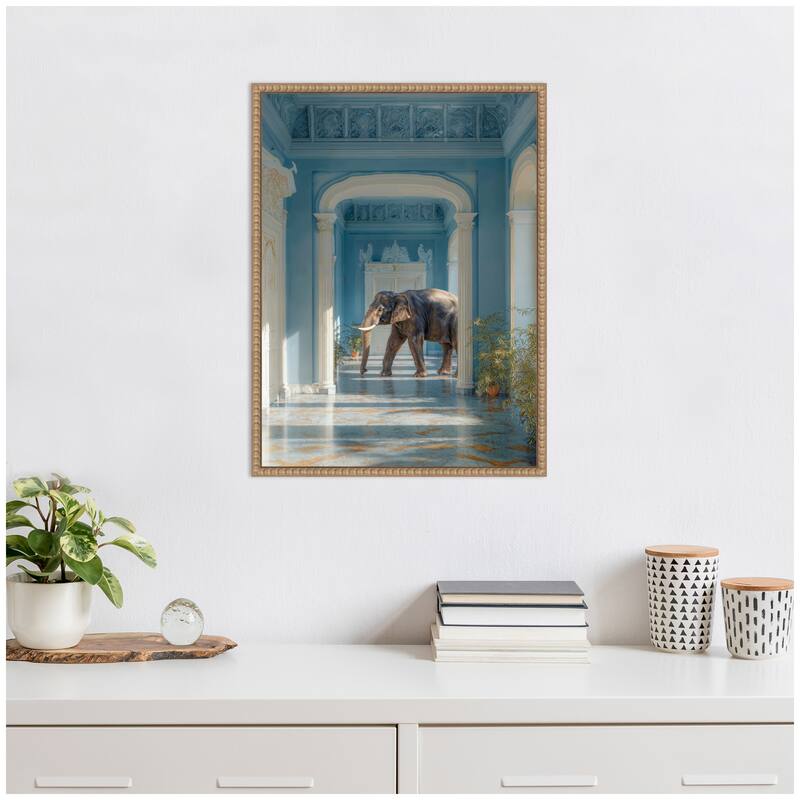 Kate and Laurel Elephant Strolling Through the Blue Wing by Michael Schauer Framed Canvas Wall Art Print