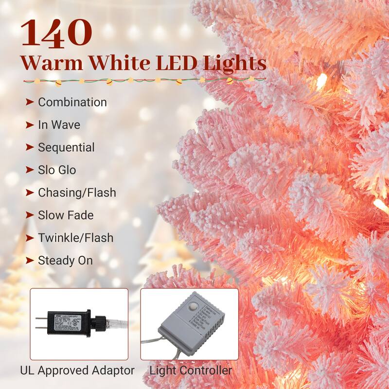 Pink Slim Christmas Tree with LED Lights and Snow-Flocked PVC Branches Included Metal Stand and Gloves