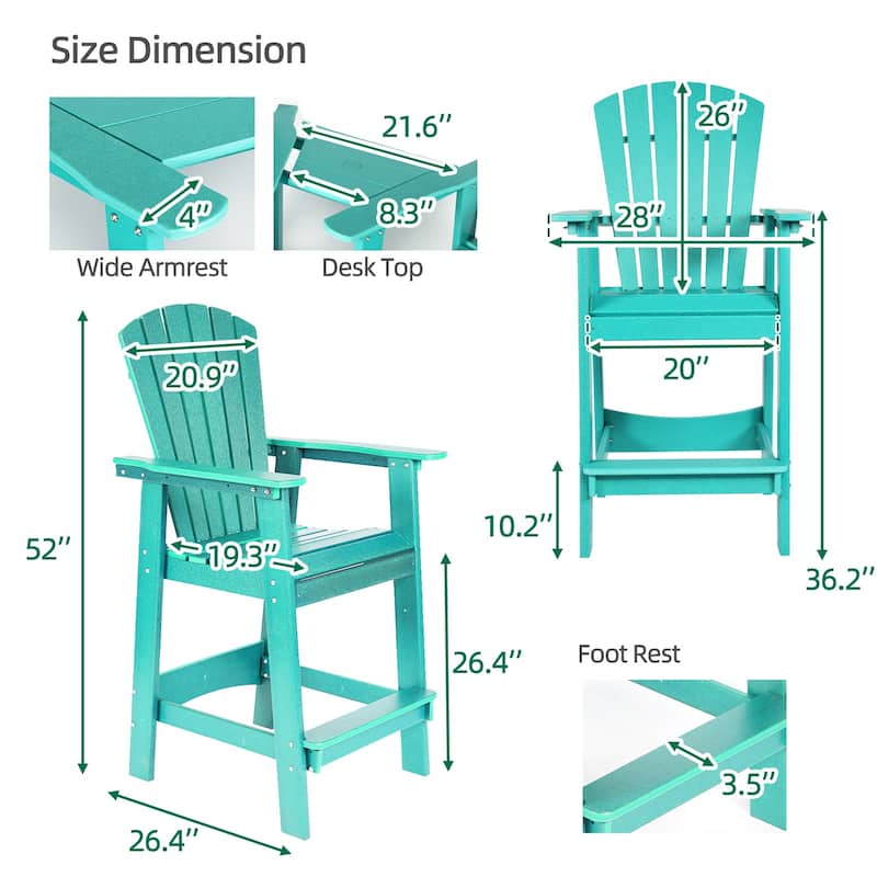 Aoodor Tall Adirondack Chairs Set of 2,HDPE Patio Bar Stool