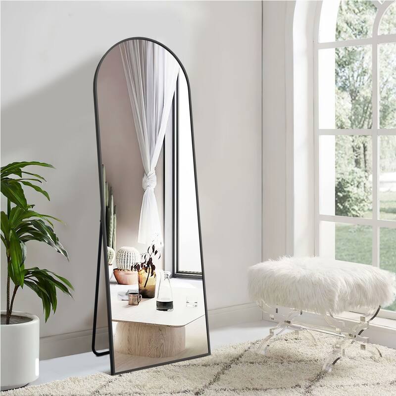 Aluminum Fine Edge Right Angle Arched Black Full Length Mirror with Stand - 64"x21" - 64"x21" - Black