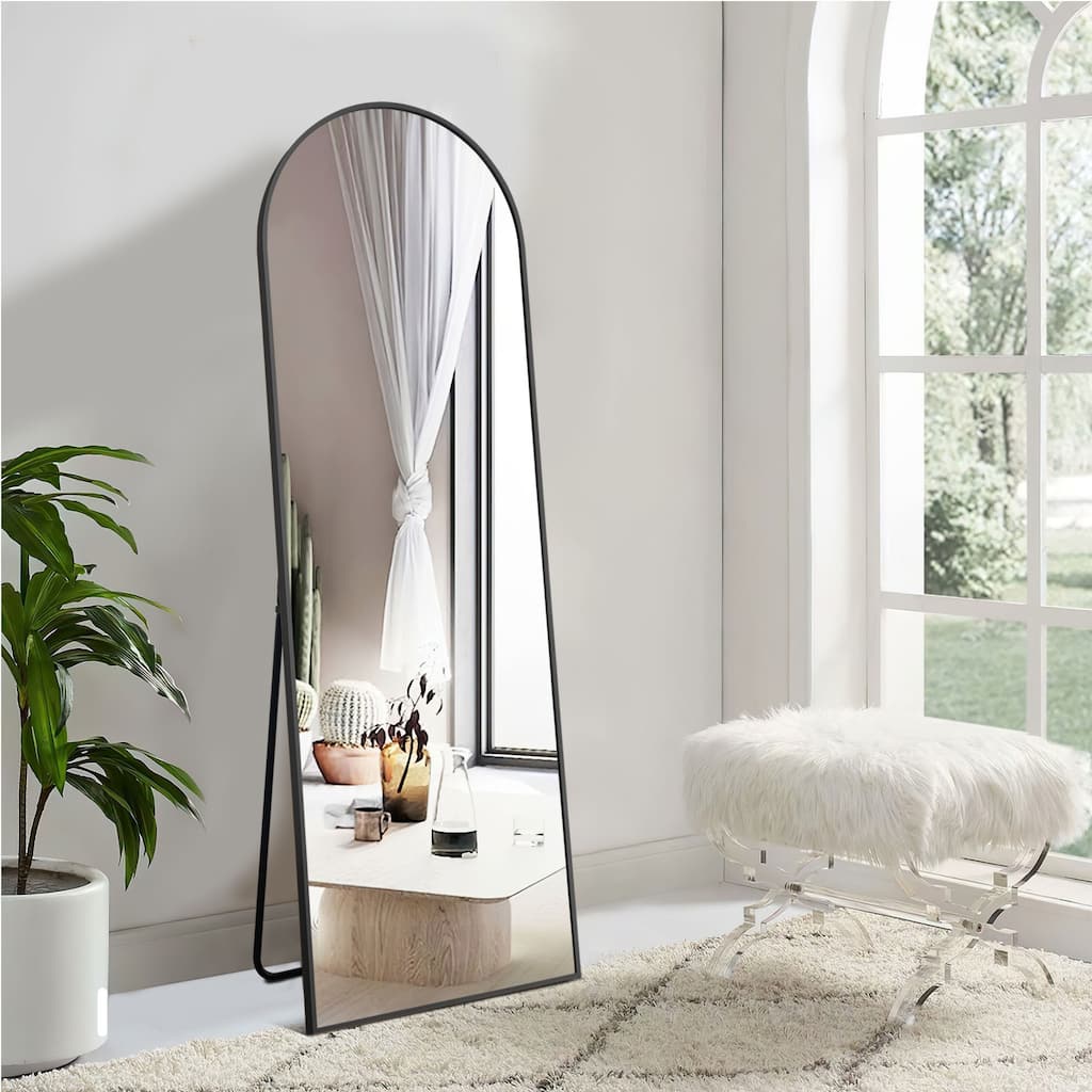 Aluminum Fine Edge Right Angle Arched Black Full Length Mirror with Stand - 64"x21"