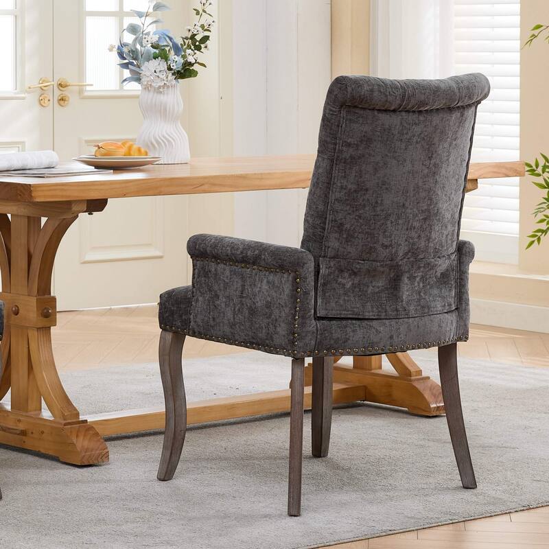 Upholstered Chenille Fabric Accent Dining Chair, Curved Solid Wood Legs, Elegant Tufted Club Dining Room Kitchen Room Arm