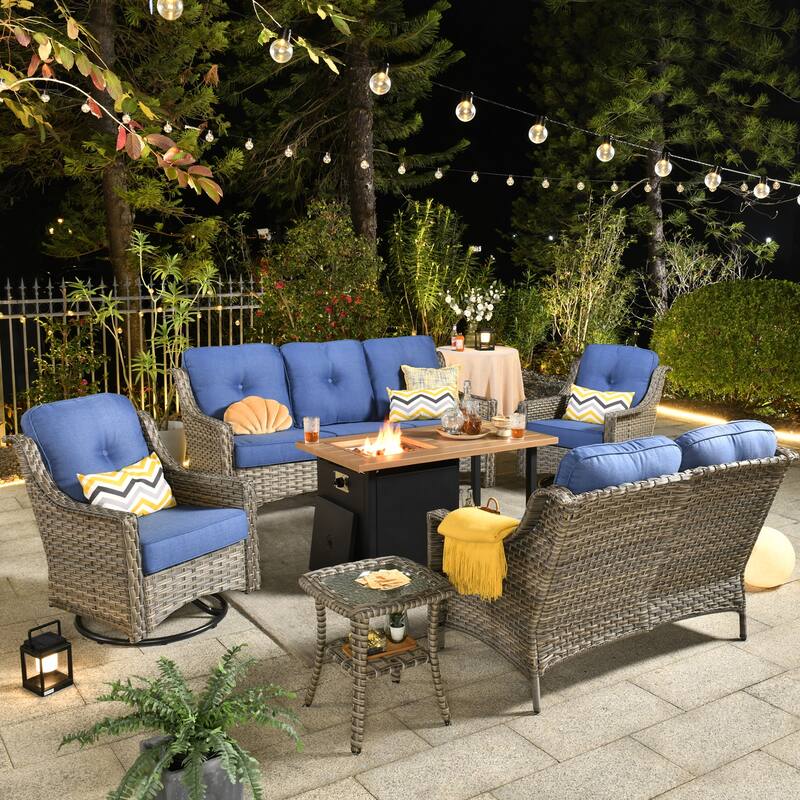 HOOOWOOO 6-piece Wicker Outdoor Conversation Set Swivel Chairs with Fire Pit - Diamond Blue