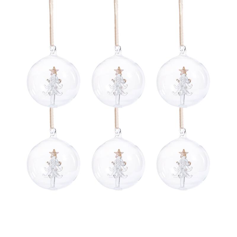 Clear Glass Ball Ornaments with Holiday Tree Motif, Set of 6, 3.25"