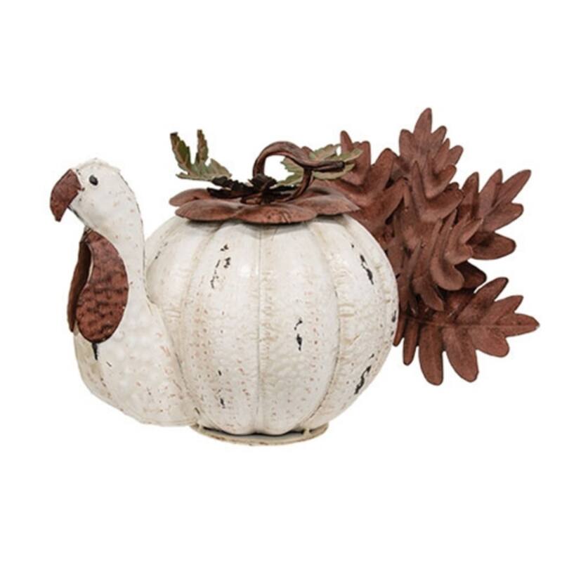 Rustic Distressed Metal Turkey Pumpkin Fall Centerpiece - 14.5" x 13.5" x 9.5" - Brozne-Cream-Green