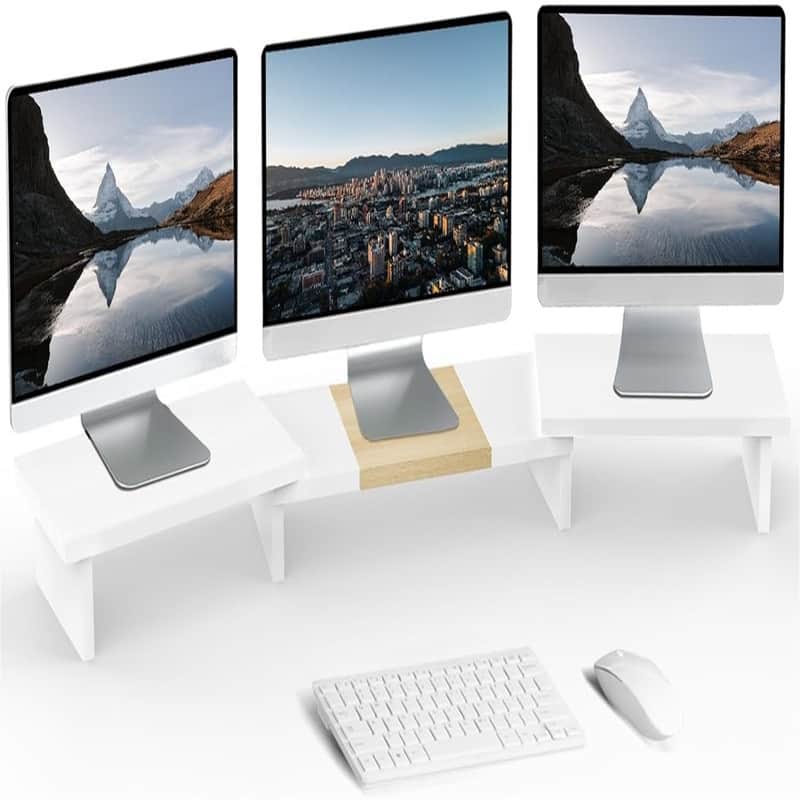 Triple Dual Monitor Stand Riser - White+Maple