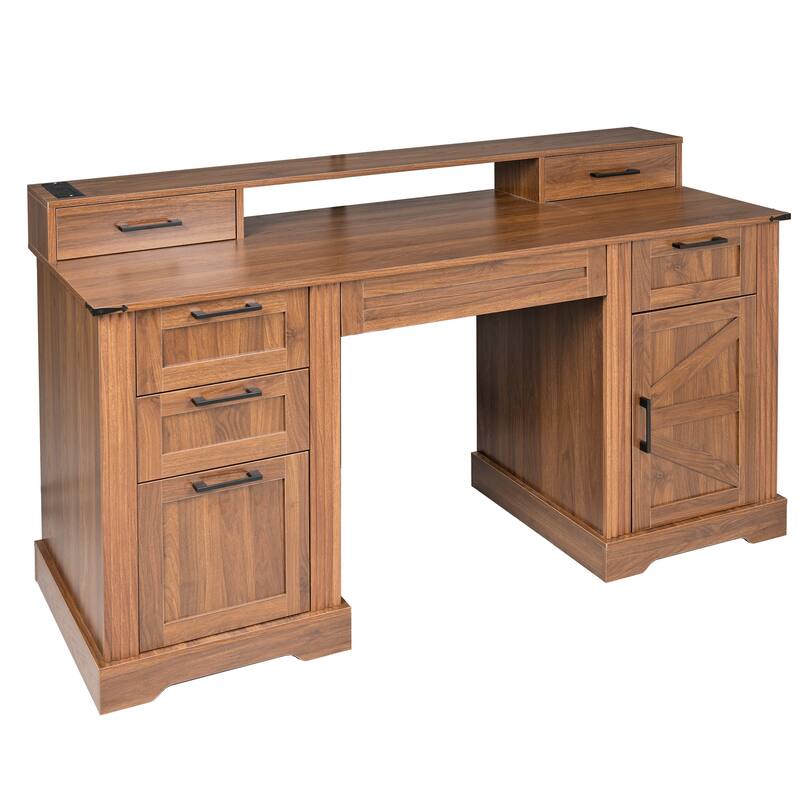 59" Farmhouse Office Desk with Charging Station, Barn Door, File Drawer & Monitor Stand