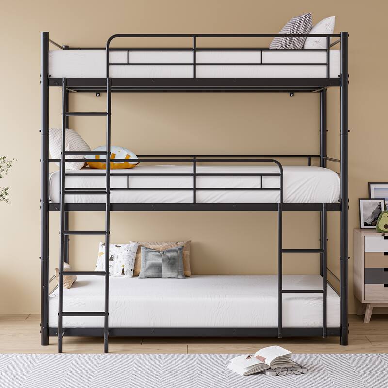 Heavy Duty Metal Triple Twin Bunk Bed with Guardrails, Ladder & Storage, Easy to Assemble - Black
