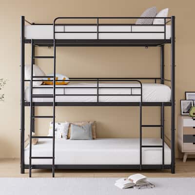 Metal Triple Bunk Bed,Twin Over Twin Bunk Bed for 3, 3 Beds with Guardrail and Ladder, Heavy Duty Triple Bed Frame for Teenagers