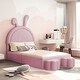 preview thumbnail 14 of 42, Velvet Upholstered Rabbit-Shape Princess Bed, Cute Platform Bed w2 Storage Stools & Headboard & Footboard for Kids