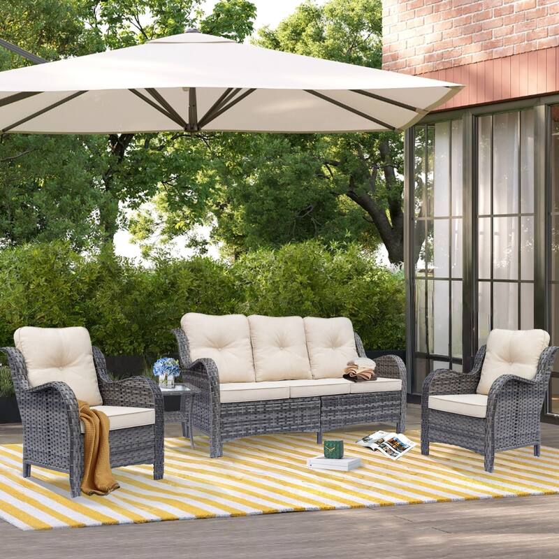 4 Piece Outdoor High Back Wicker Patio Conversation Furniture Sets - Beige-Gray Rattan