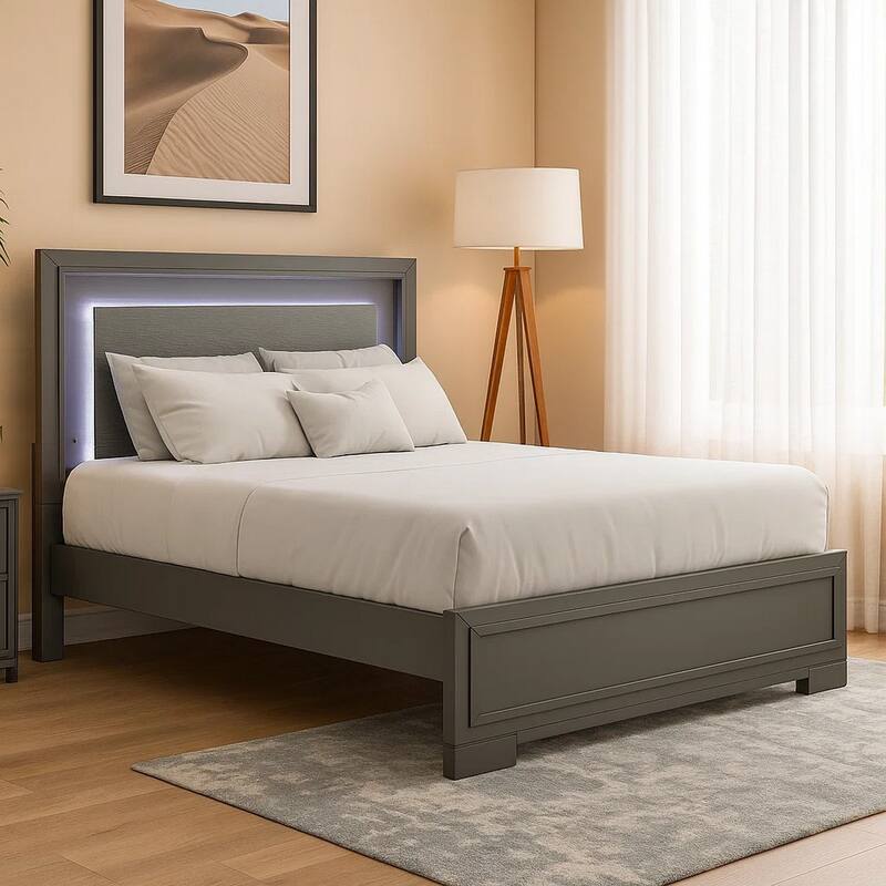 Aliso Queen Size Bed, LED Panel Headboard, Modern Metallic Gray
