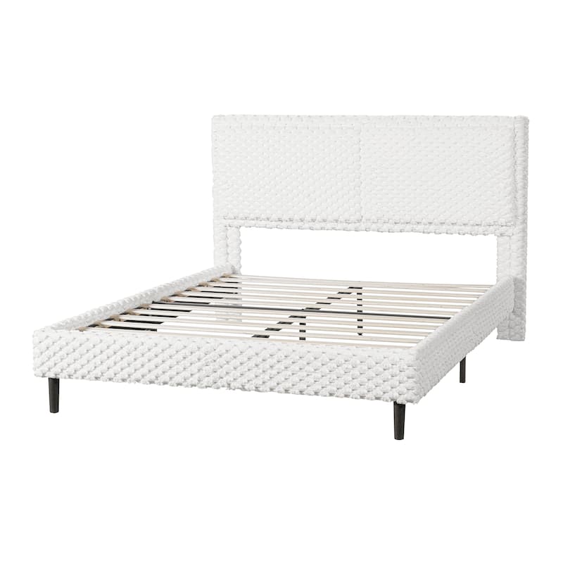 Queen / King Modern Plush Upholstered Bed with Soft Padded Backrest for Comfort - White - Queen