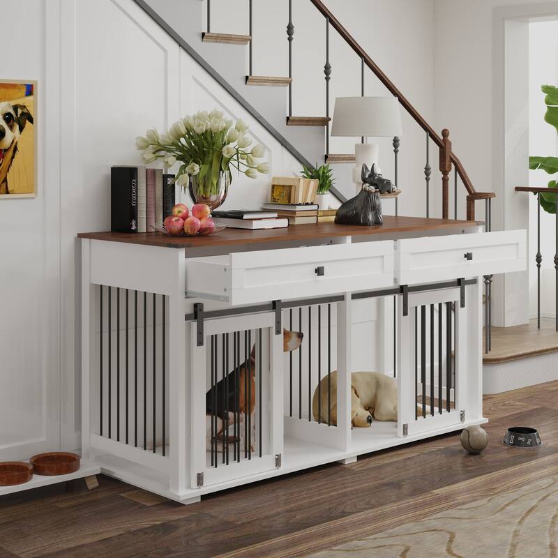 Large Dog Crate Furniture for 2 Dogs, Wooden Dog Kennel with 2 Drawers, Divider & Sliding Door, Indoor Dog Crate End Table