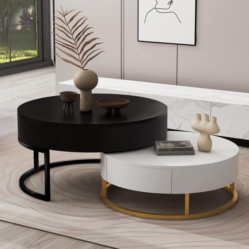 Modern Round Lift-top Nesting Coffee Tables with 2 Drawers - White+Black