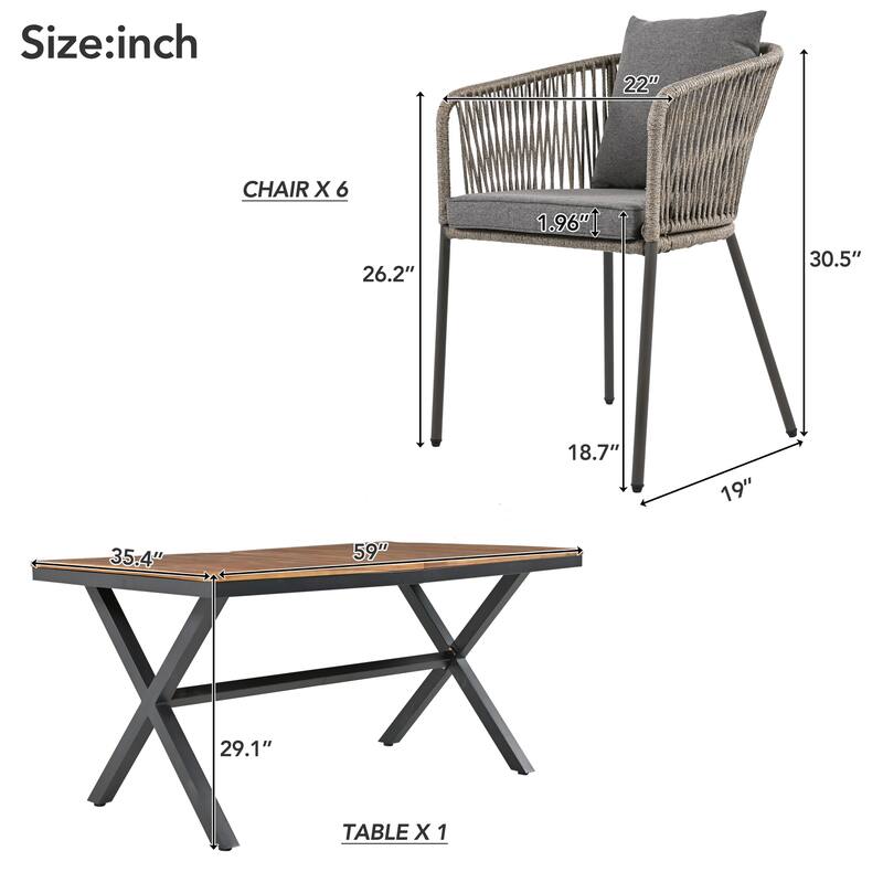 7 Pieces Patio Dining Set All-Weather Outdoor Furniture Set with Wood Tabletop and Adjustable Feet