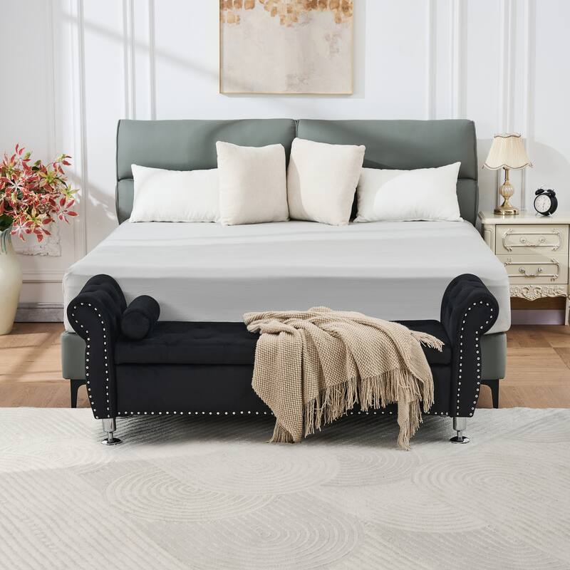Velvet Storage Bench 62.2 Inch Upholstered Tufted Ottoman Bench with Rolled Arms, Large End of Bed Bench with Rivet Decoration