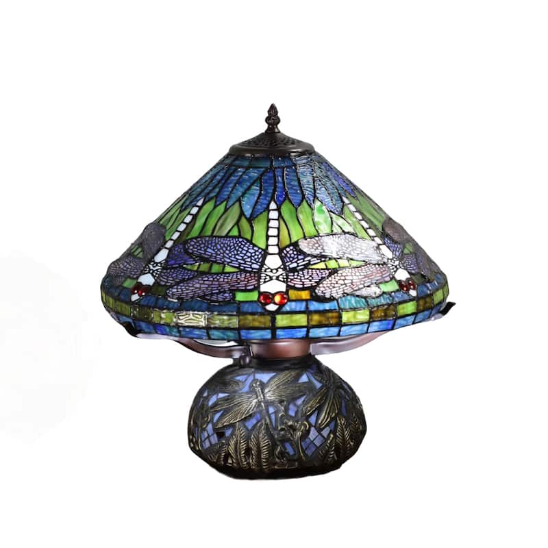 Shulba Dragonfly Base and Shade 2-Light Table Lamp Blue Tiffany Style Glass