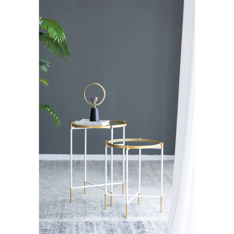 Nesting Side Tables Set of 2 with Glass Tops and Metal Frame - Gold+White