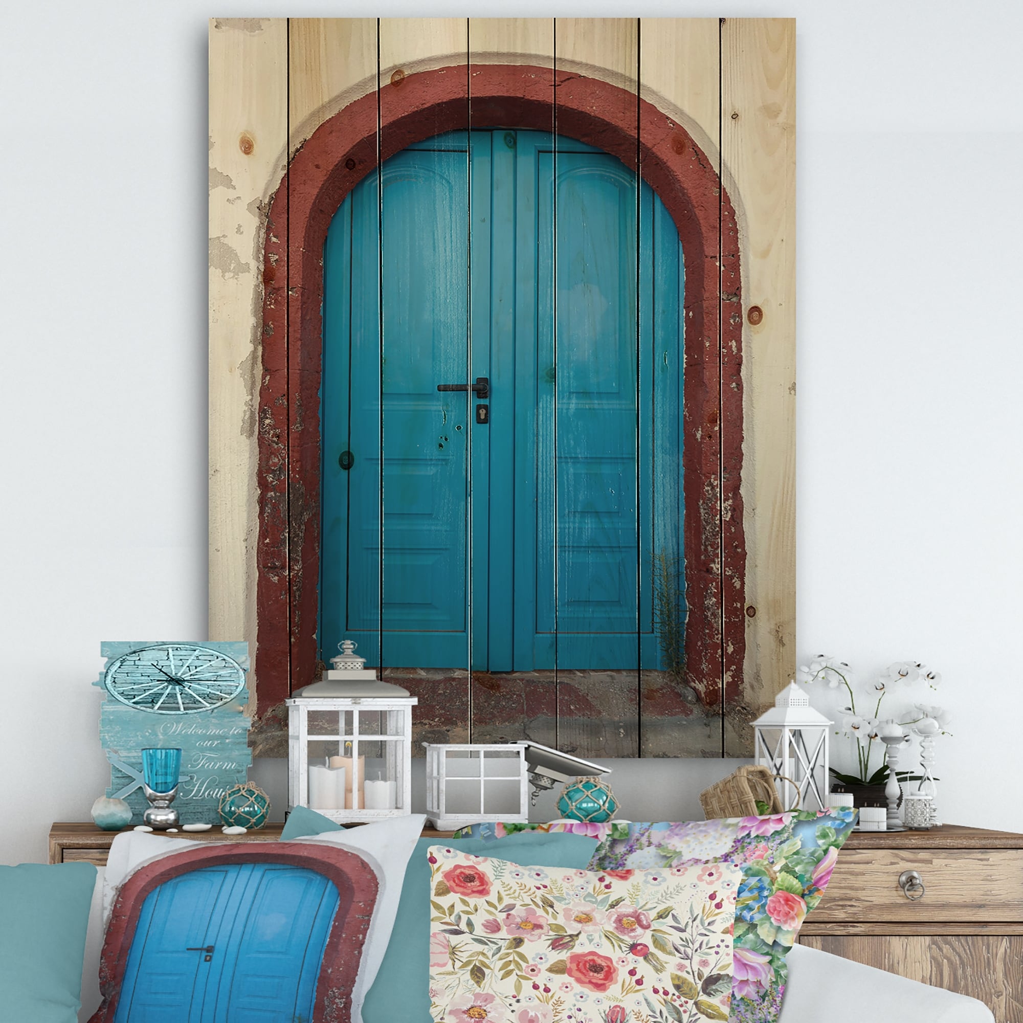 Designart 'Old Traditional Door in Oia Santorini Greece' Vintage Print on  Natural Pine Wood Blue On Sale Bed Bath  Beyond 26064070
