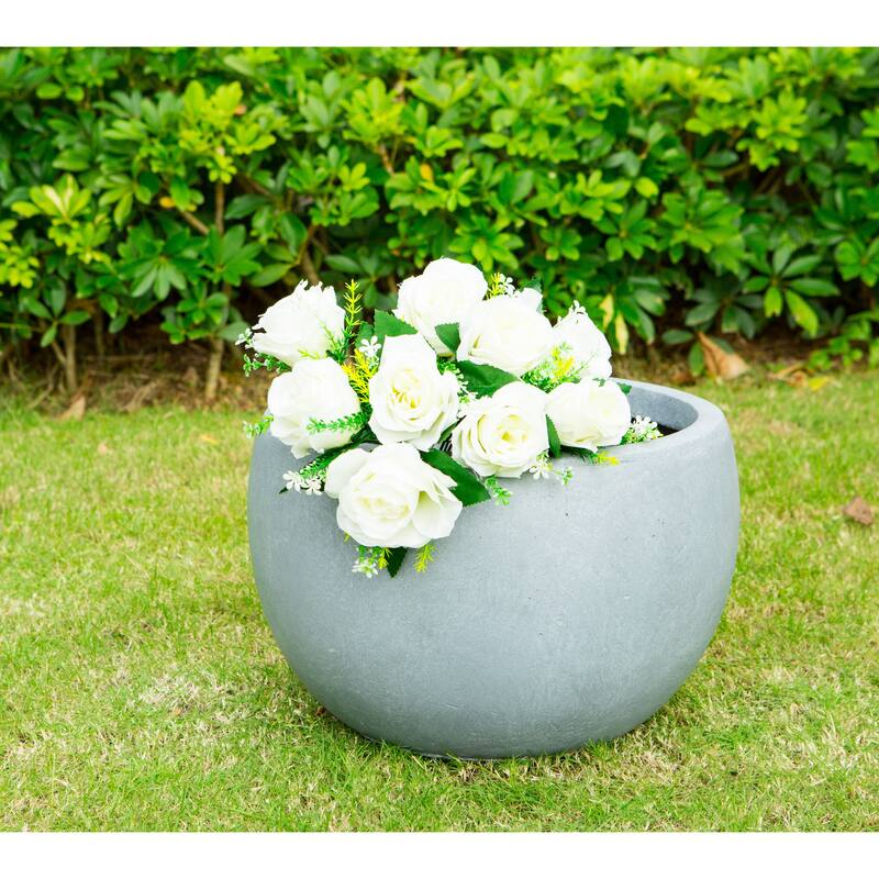 Kante 8 in. H Concrete and Fiberglass Round Bowl Planter, Outdoor Indoor Large Planters Pots with Drainage Hole