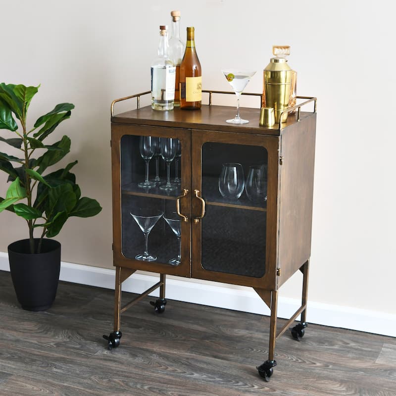 Metal Cabinet with Glass Doors and Wheels - Brass