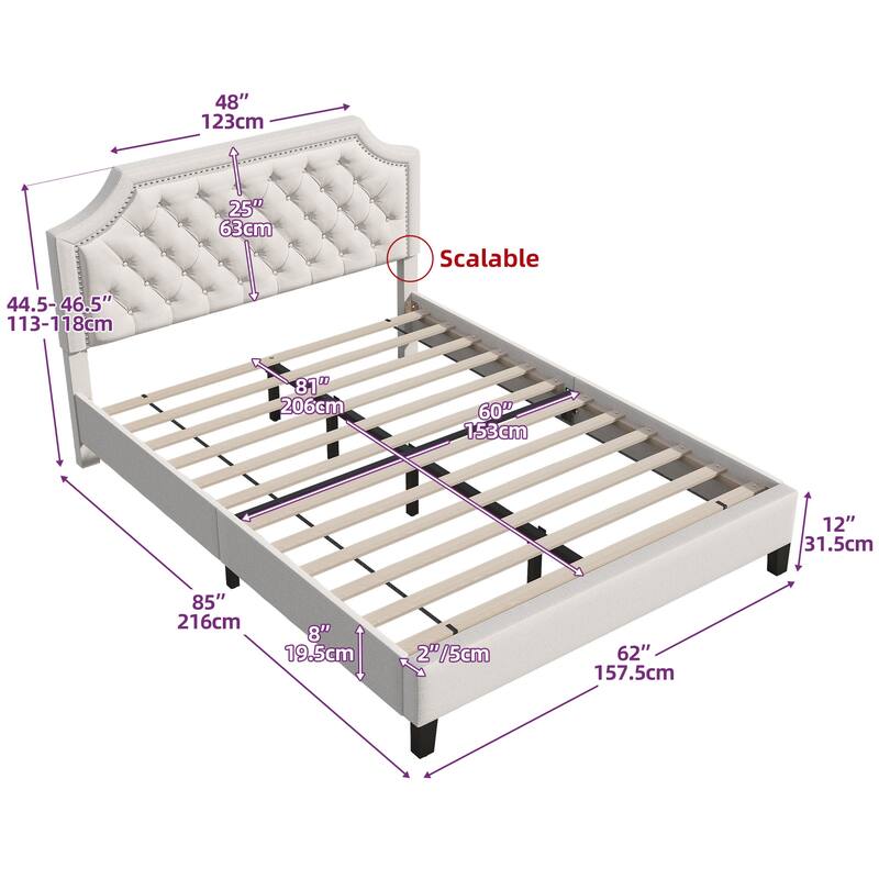 Moasis Button-Tufted Linen Upholstered Platform Bed with Adjustable Headboard