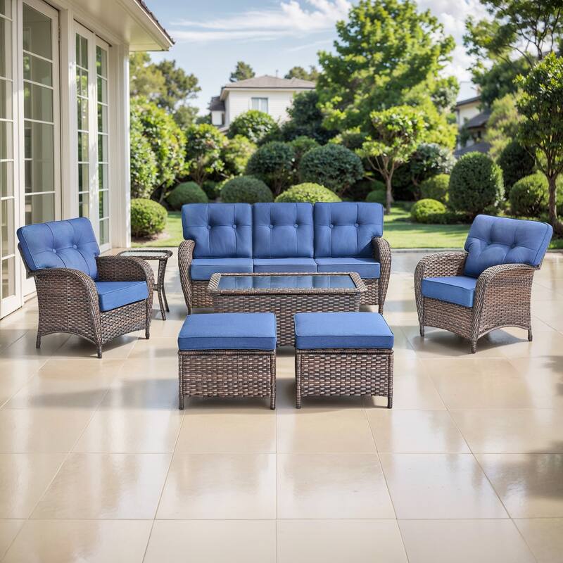 TWrap 7-Piece Patio Brown Wicker Sofa Conversation Set with 5-Inch Thick Cushions - Brown/Navy Blue - 7-Piece
