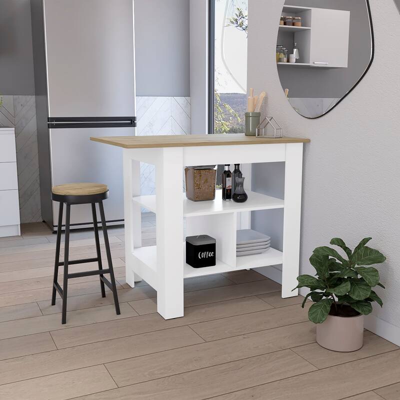 Modern Kitchen Island with 3 Shelves, 35" High, White/Macadamia, Large Workspace