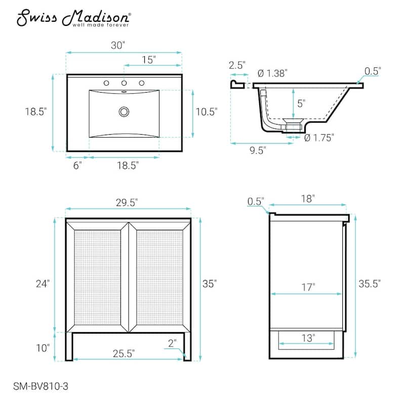 Swiss Madison SM-BV810-3 Arles 30" Free Standing Single Basin Vanity