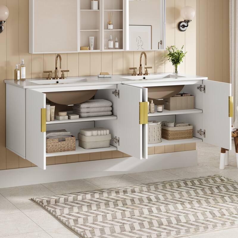 GDFStudio - Marwood Vintage Double Bathroom Vanity Set with 3 Holes Single Ceramic Sink & Soft Closing Doors - 60'W