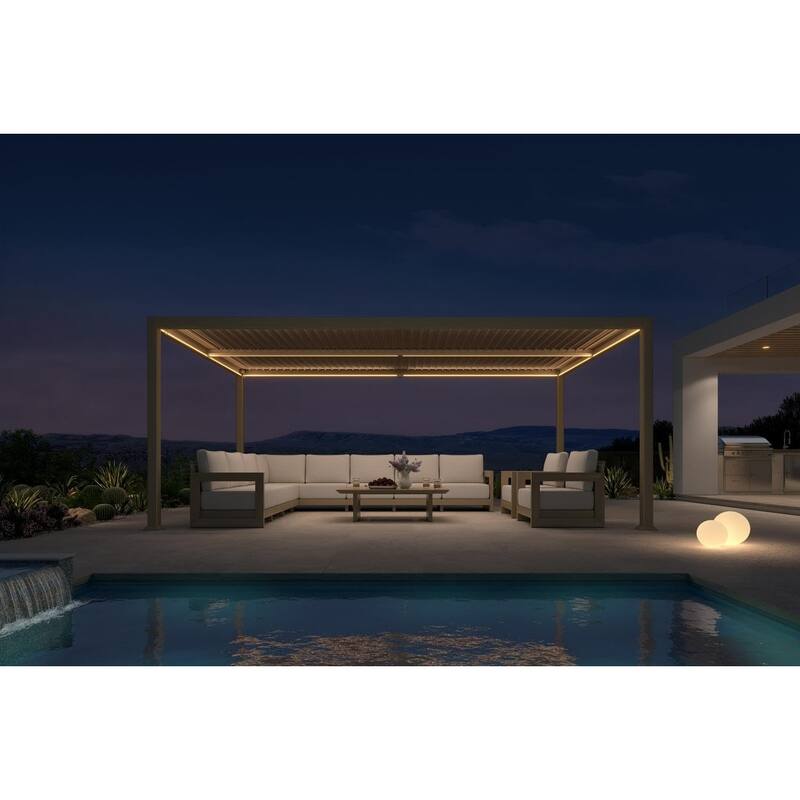 PURPLE LEAF Solar Louvered Pergola with LED String Lights Aluminum Outdoor Pergola with Adjustable Roof for Patio Garden - 11' x 18' - Champagne