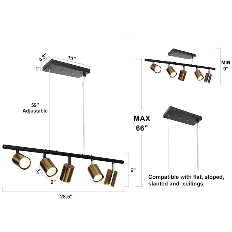 Modern 5-Light Black Gold Chandelier Metal Linear Island Lights for Dining Room - 28.5" L x 6" W x 6" H
