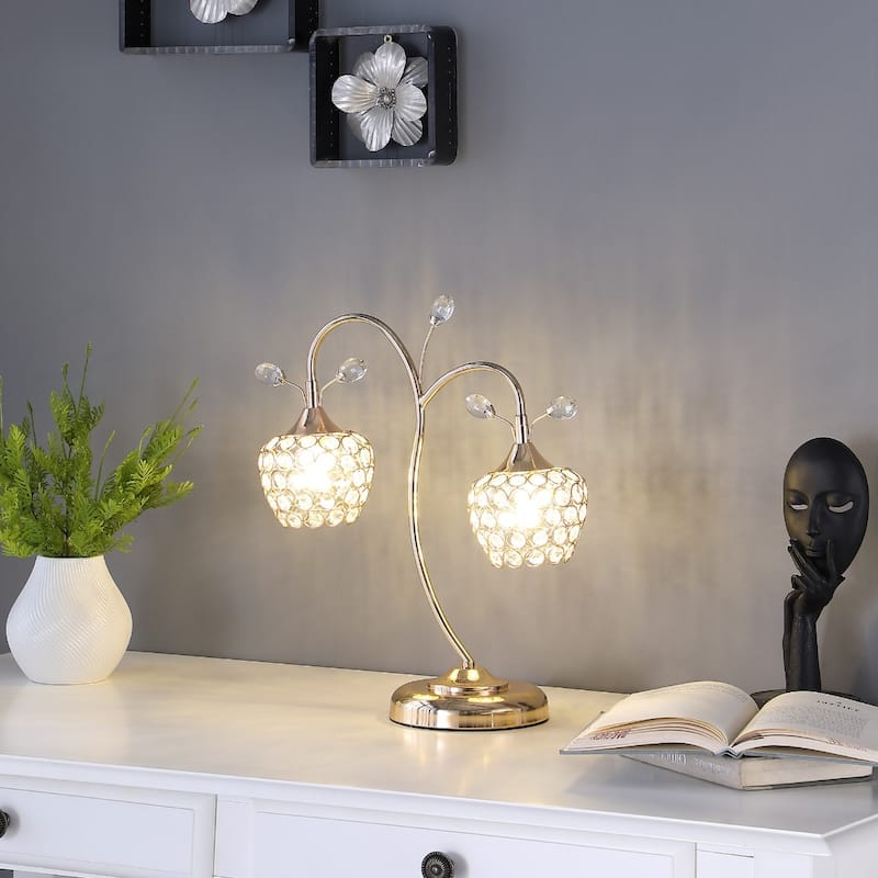 17" Gold Two-Light Table Lamp with Clear Shade for Bedroom or Desk - 13" x 6.25" x 17.25
