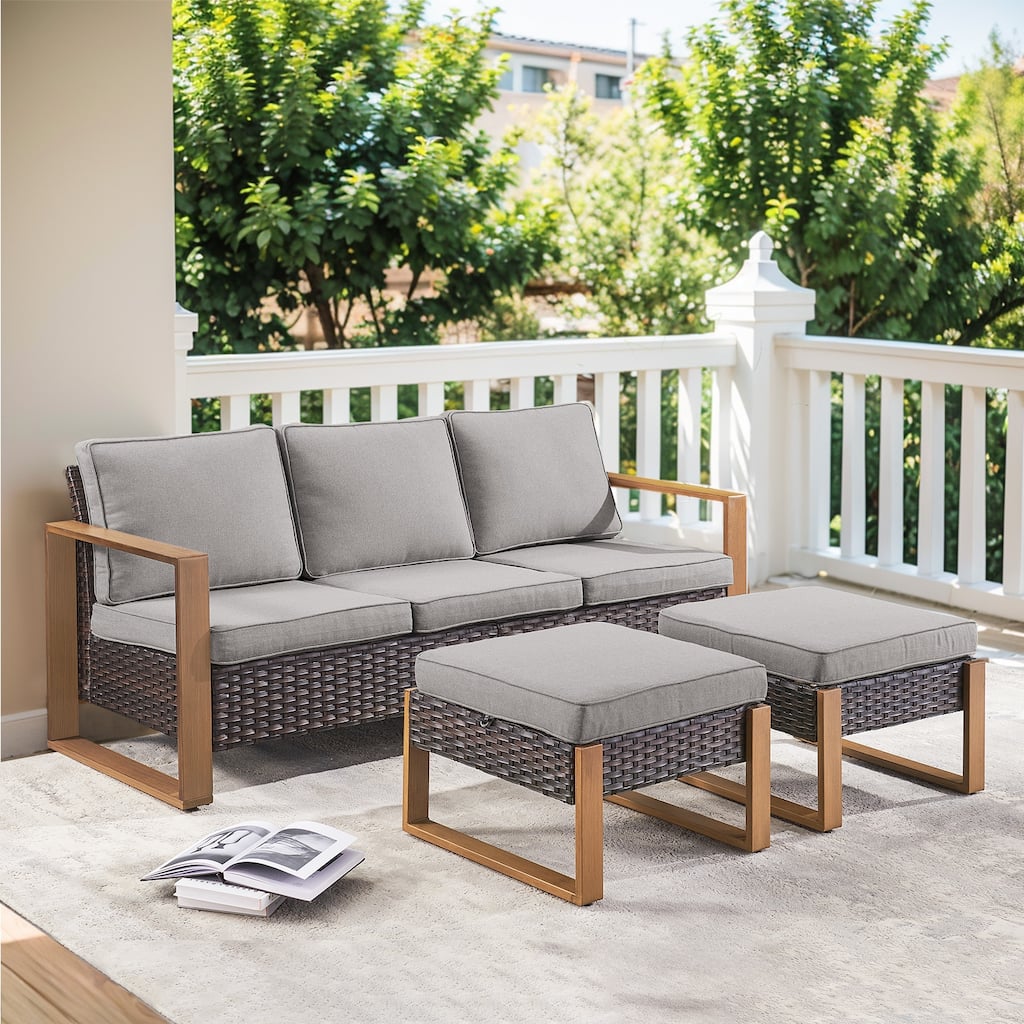 Patio Couch Sofa with Ottoman Set - Brown