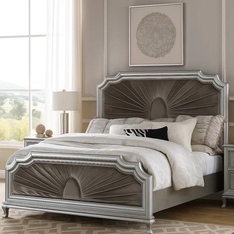 Xan King Bed, Silver Wood, Gray Pleated Velvet Upholstery