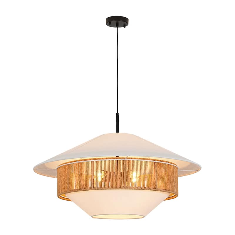 Coastal-style 4-Light Hemp-rope Geometric Linen Fabric Pendant - 33.5 in