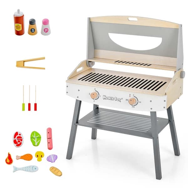 slide 2 of 6, Kids Barbecue Grill Wooden Kitchen Playset w/ Clip 4 BBQ Poles Grey