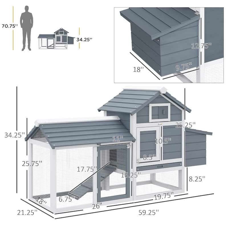 PawHut 59" Solid Enclosed Outdoor Backyard Chicken Coop Kit with Nesting Box,Grey