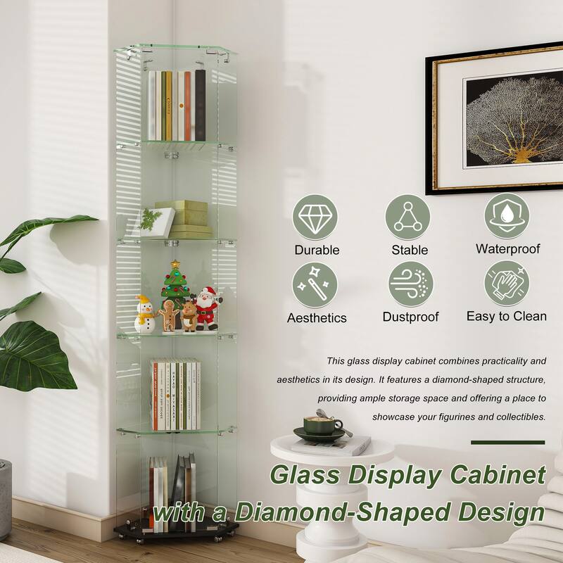 4-Tier Tempered Glass Display Case with 5-Mode Dynamic LED Lighting, Diamond Curio Cabinet for Collectibles Home Showcase